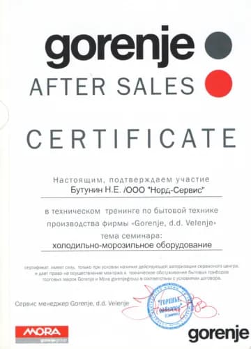Бутунин Николай: Сертификат Gorenje