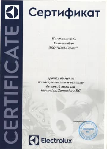 Пинженин Вячеслав: Сертификат Electrolux